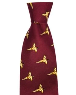 Hoggs Of Fife Men's Silk Country Tie (Wine - Flying Pheasants)